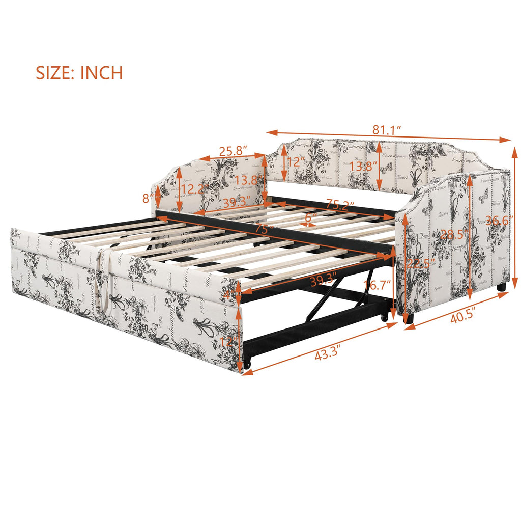 White Linen Upholstered Twin Size Daybed with Pop-Up Trundle T55561