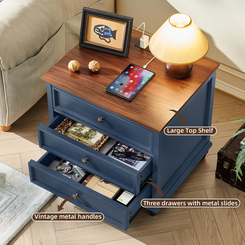 Blue Wood Nightstand Set of 2 with Charging Station Q510596