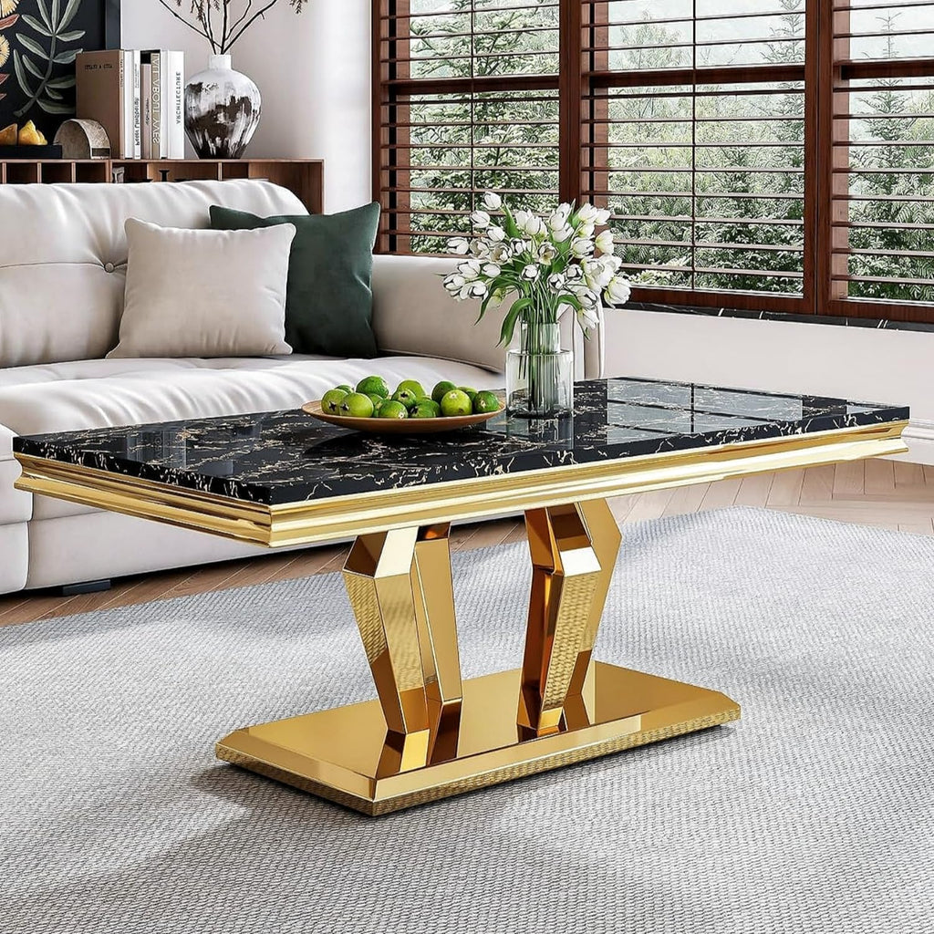47" Faux Marble Rectangular Coffee Table with Mirrored Finish Stainless Steel Base J2977