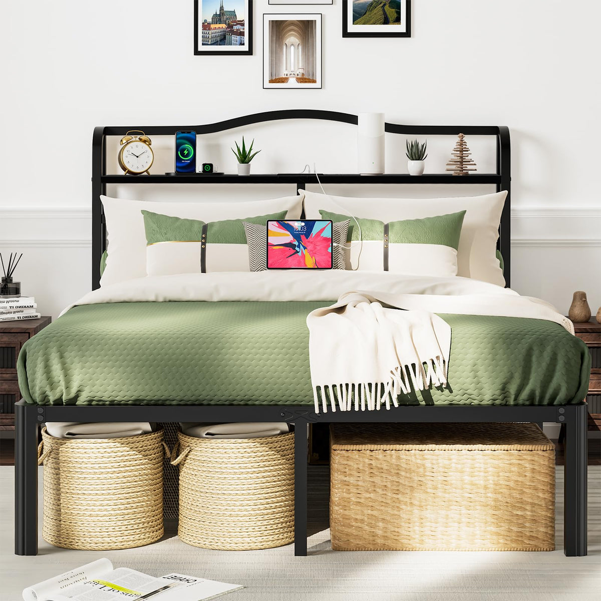 Queen 18 Inch Metal Platform Bed Frame with Headboard and Charging Station C676