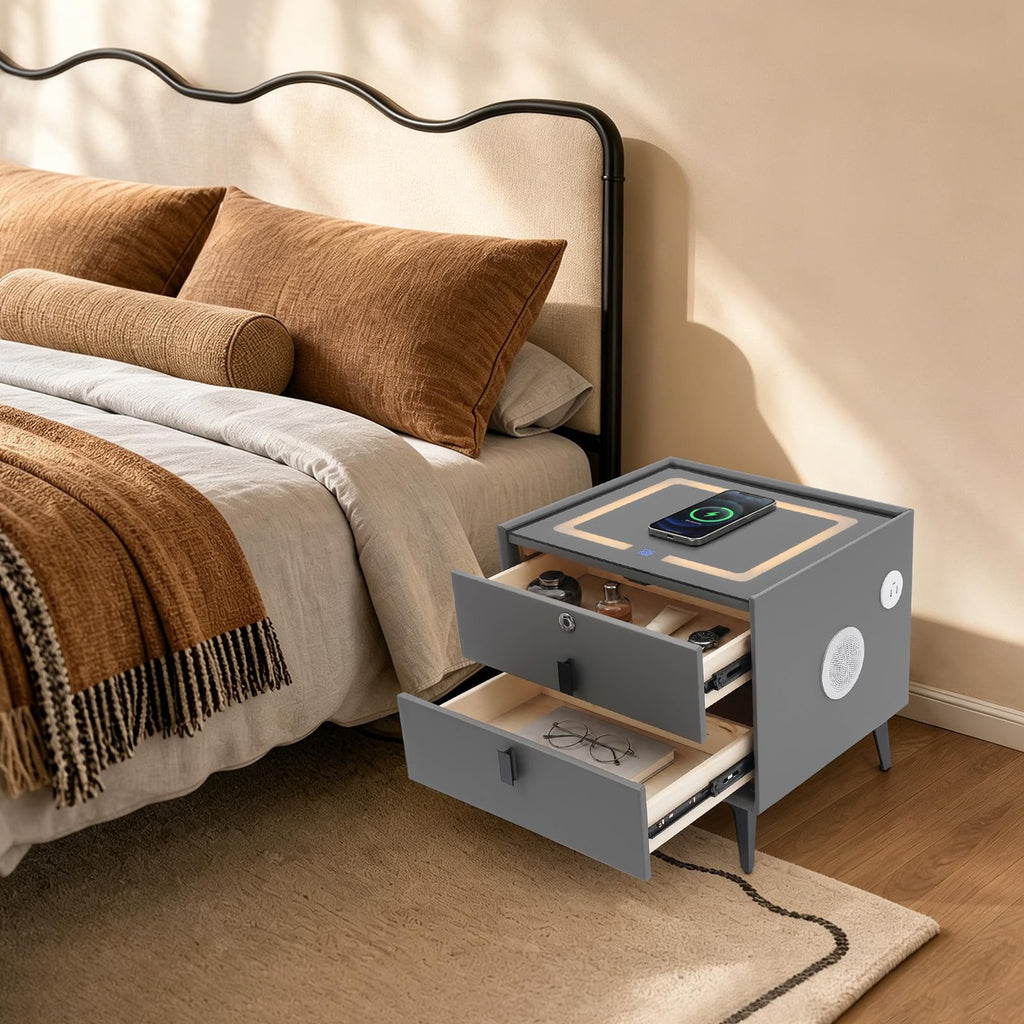 Smart Nightstand with Fingerprint Lock, Wireless Charging & 2-Drawer L532