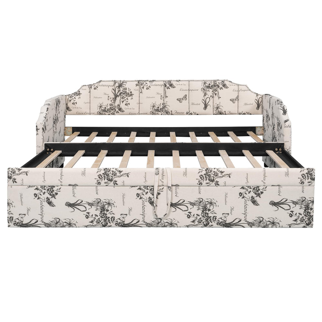 White Linen Upholstered Twin Size Daybed with Pop-Up Trundle T55561