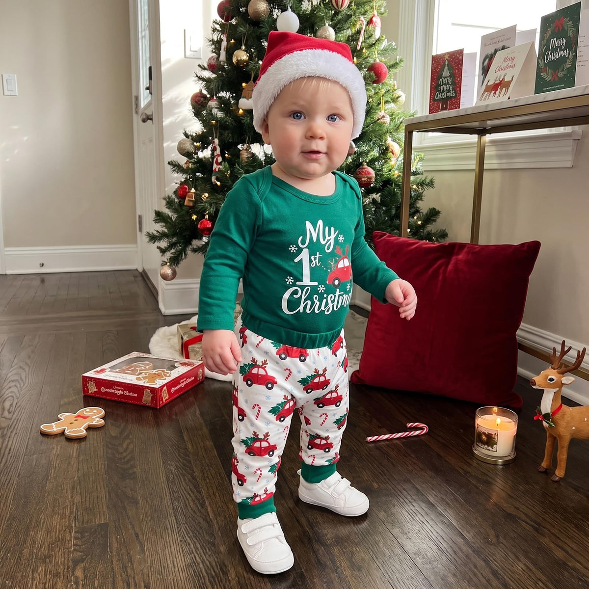 My First Christmas Baby Boy Outfit Romper Pants Hat R318