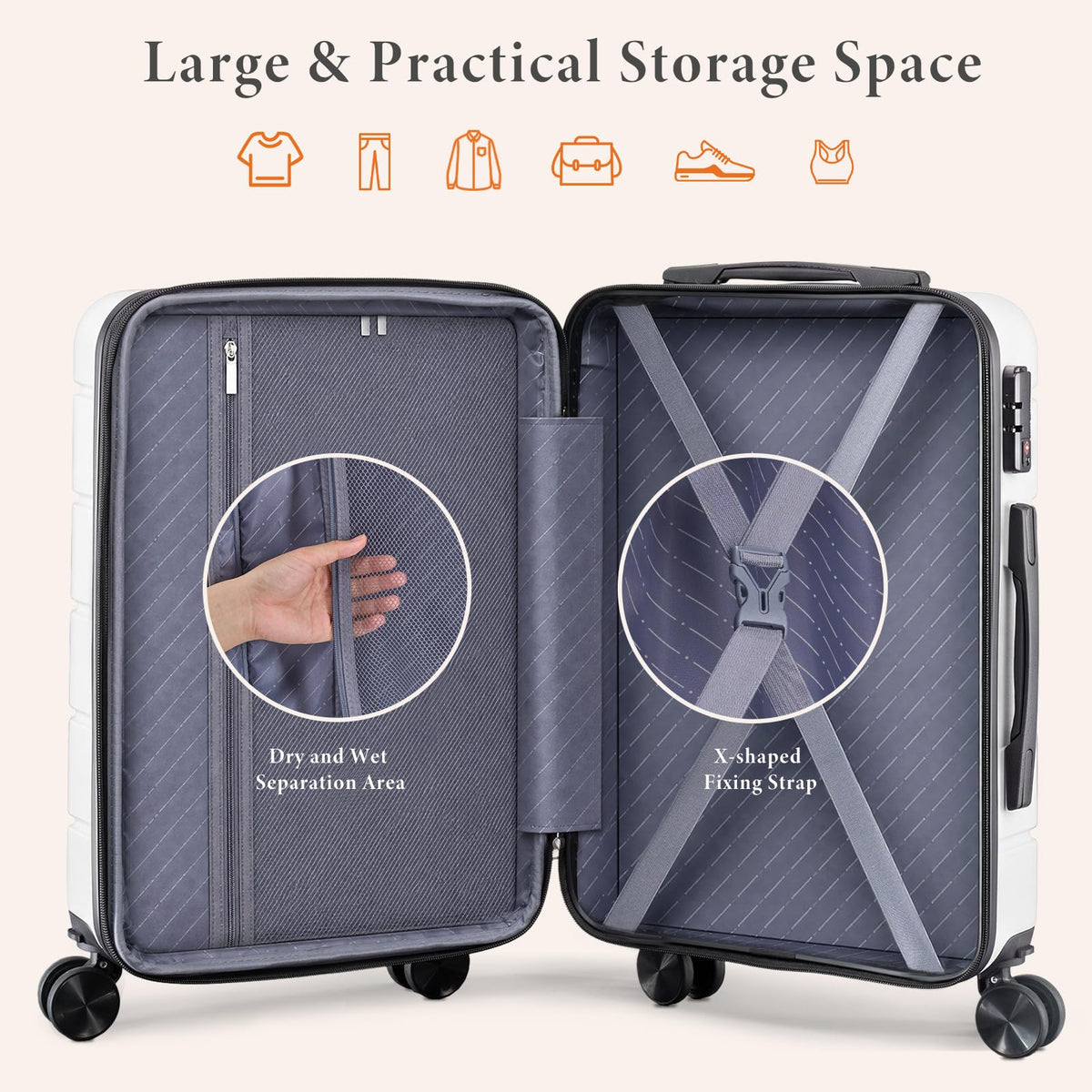 20 Inch White Hard Shell Carry on Luggage K772