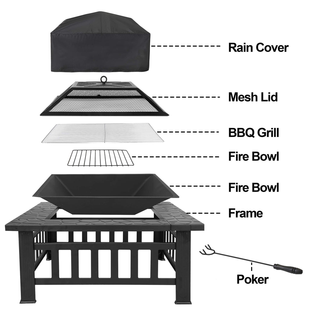 32 Inch Square Metal Outdoor Fire Pit with Spark Screen Lid and Waterproof Cover Y9768