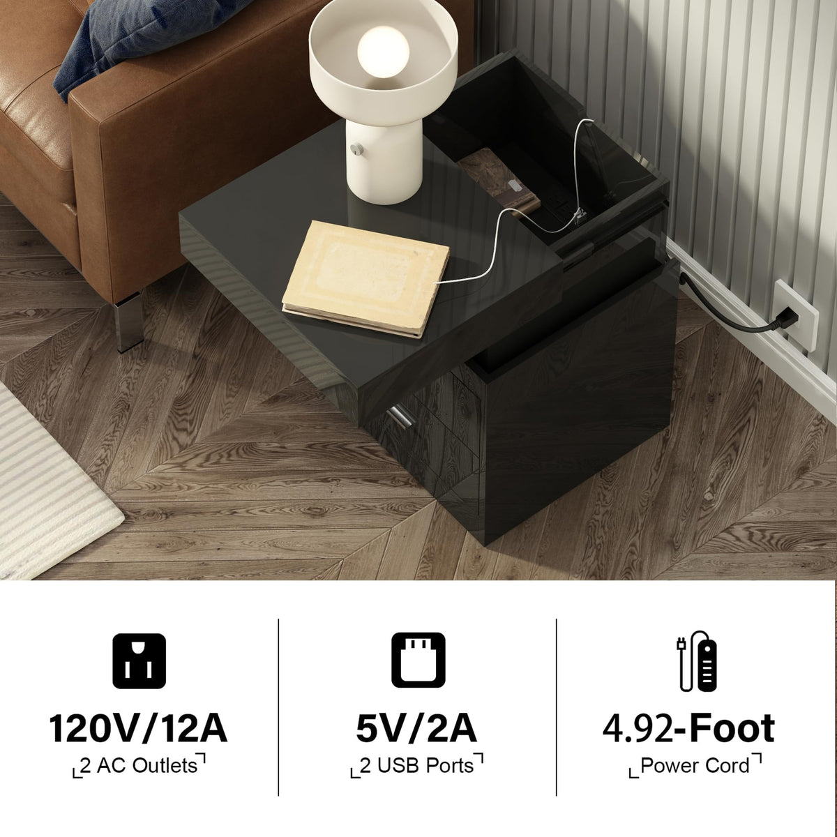 LED Nightstand with Charging Station and Sliding Storage N802