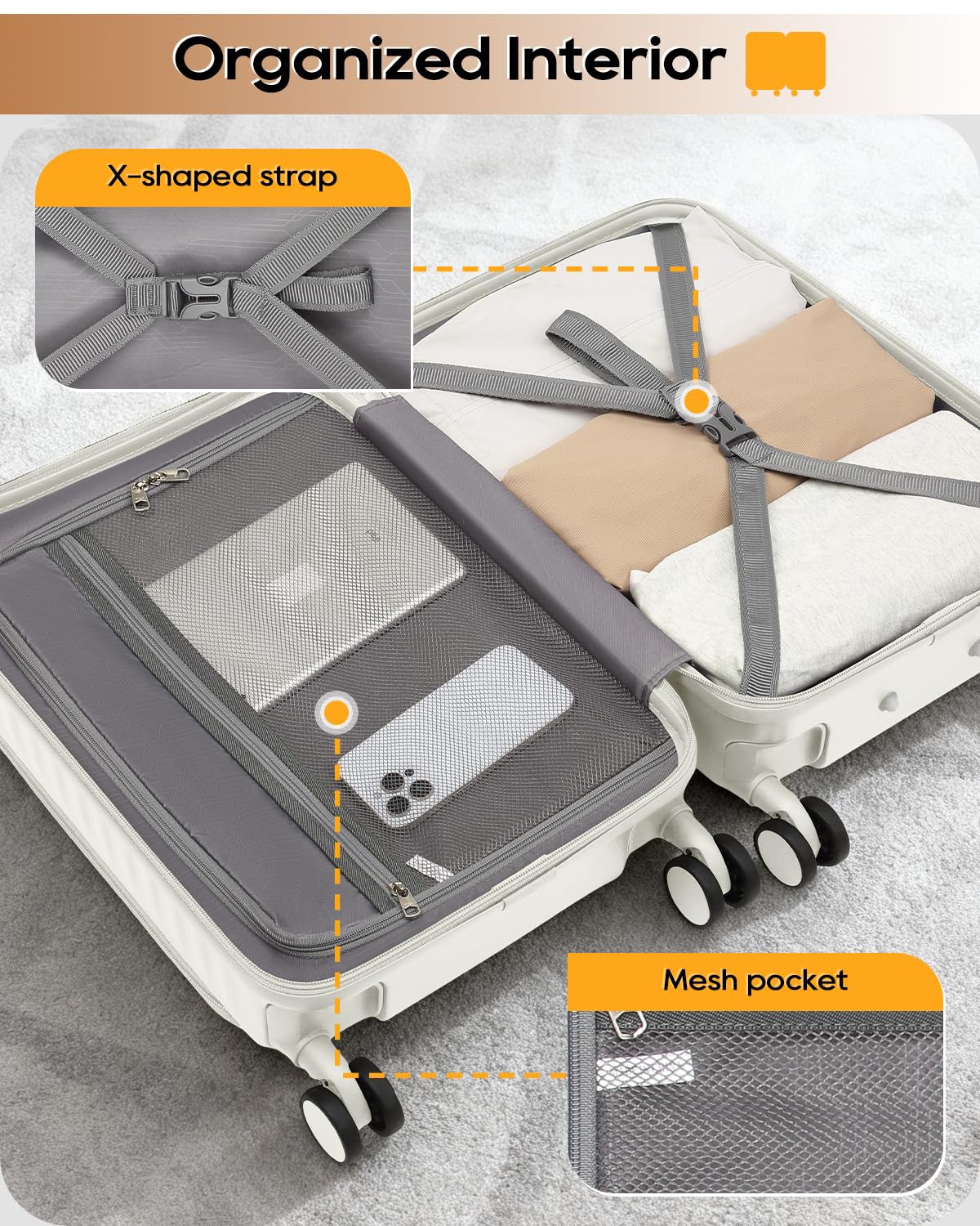 20 Inch Carry On Luggage with Front Pocket and Cup Holder, White G728
