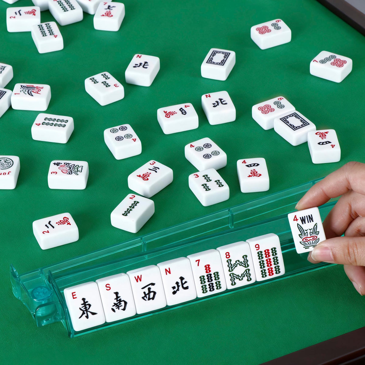 166 Tiles 4 Colors Mahjong Set with Rack Pushers Soft Bag F49872