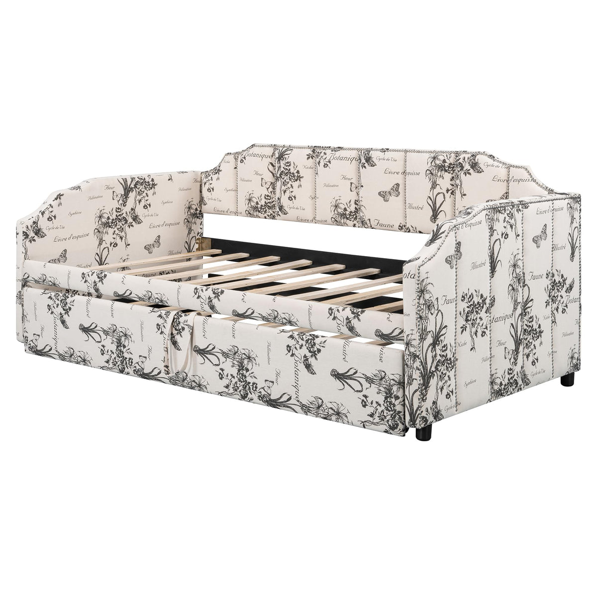 White Linen Upholstered Twin Size Daybed with Pop-Up Trundle T55561