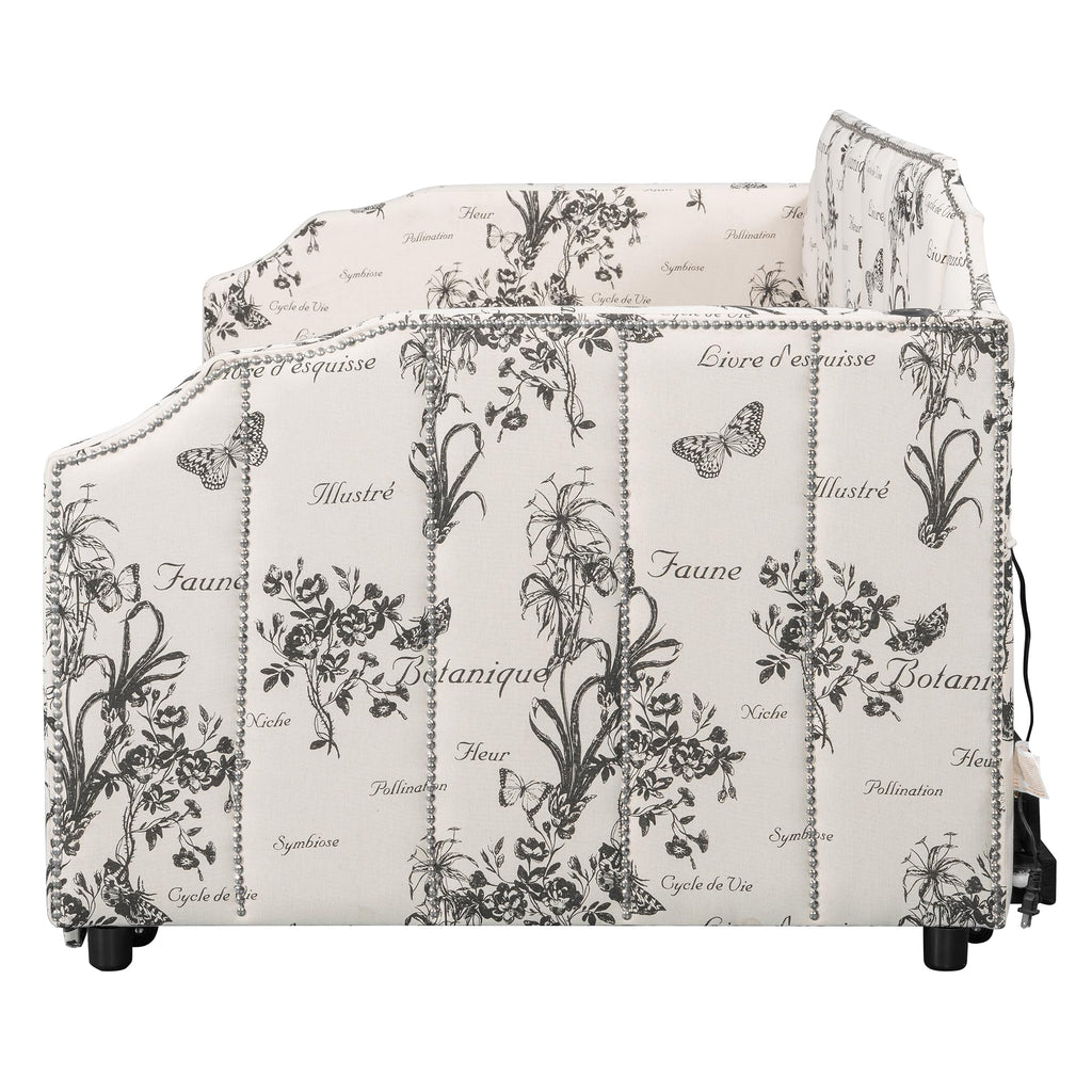White Linen Upholstered Twin Size Daybed with Pop-Up Trundle T55561