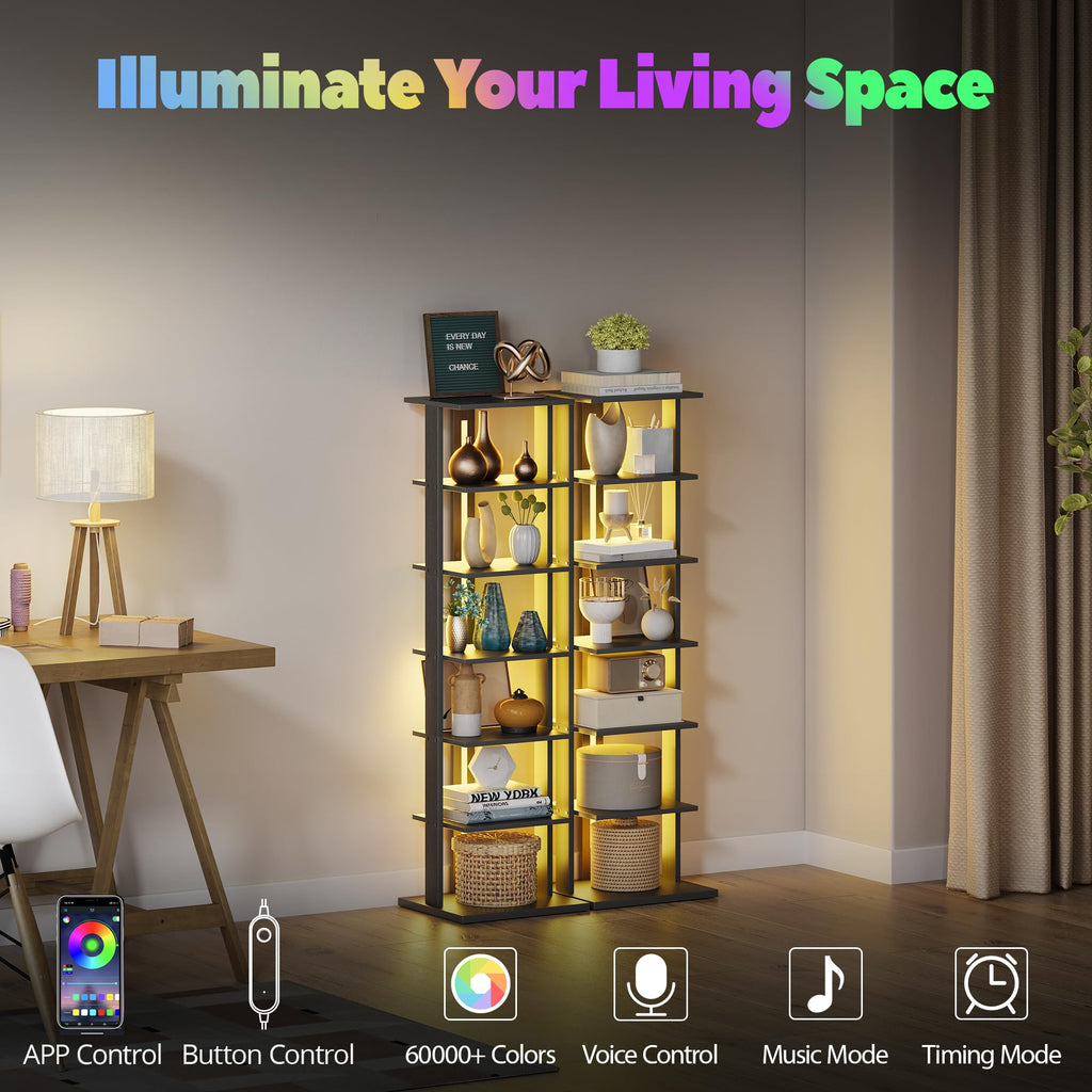 Black 7-Tier Narrow Bookshelf with LED Lights E49739