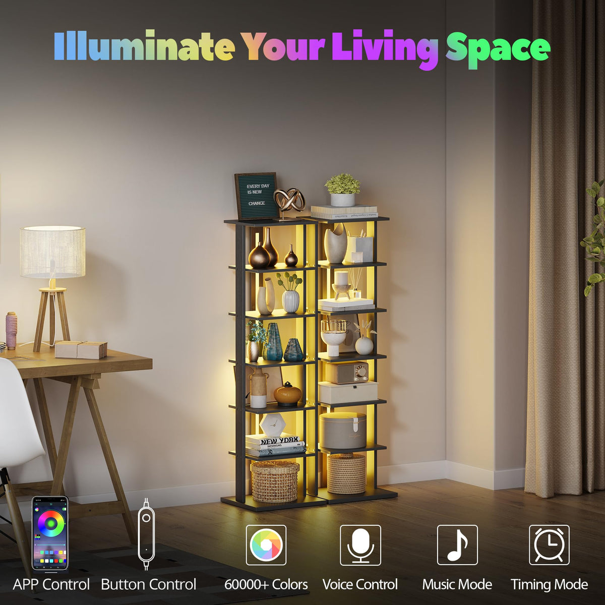 Black 7-Tier Narrow Bookshelf with LED Lights E49739