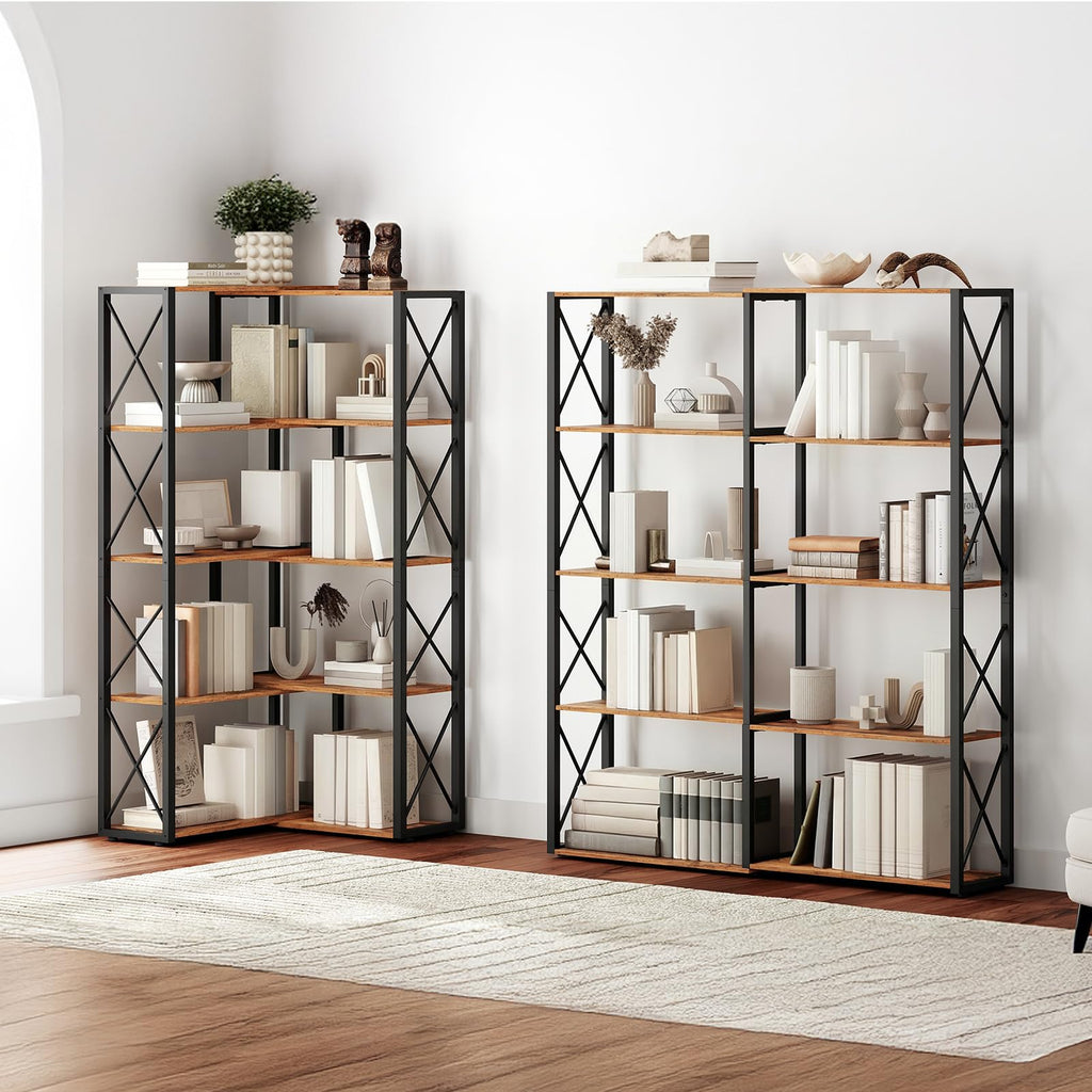 5-Tier Rustic Brown and Black Corner Bookshelf D190604