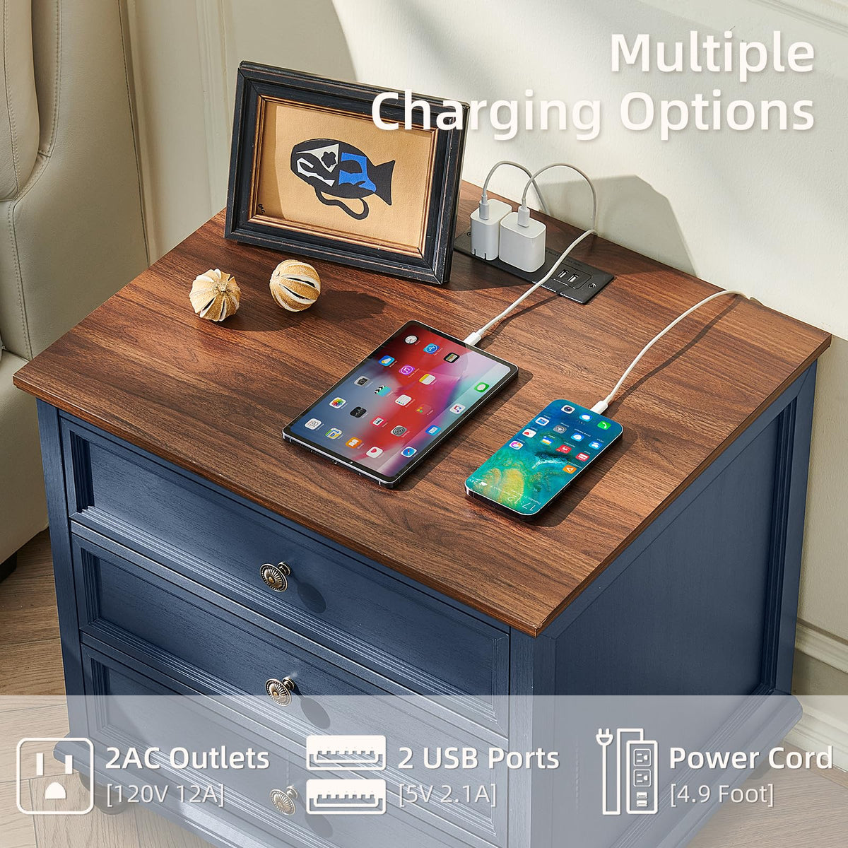 Blue Wood Nightstand Set of 2 with Charging Station Q510596