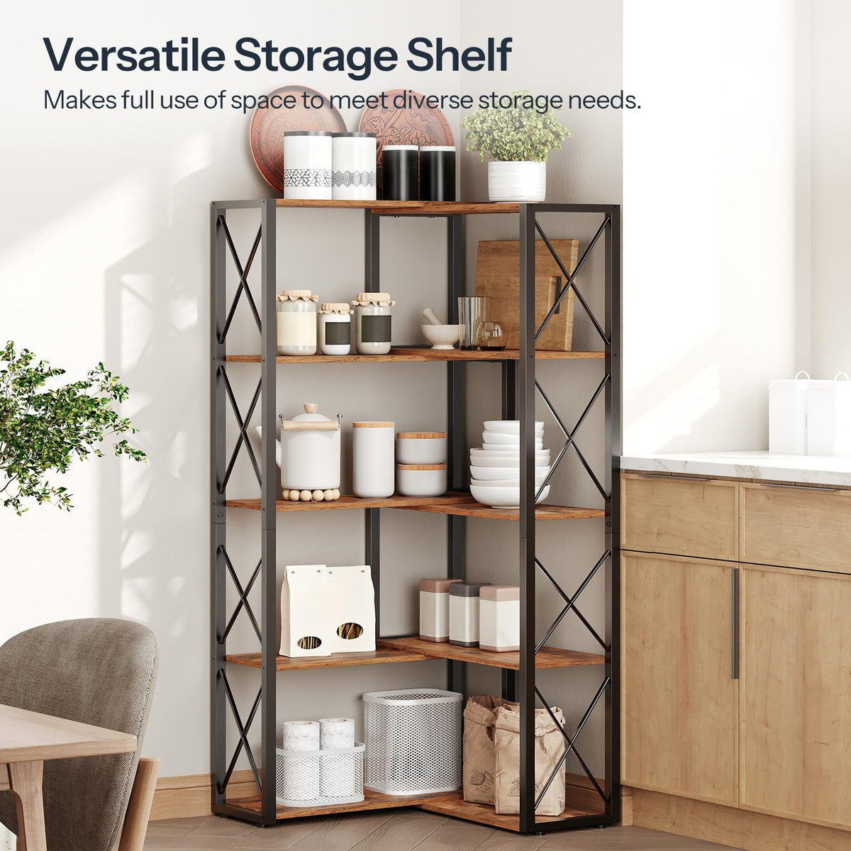 5-Tier Rustic Brown and Black Corner Bookshelf D190604