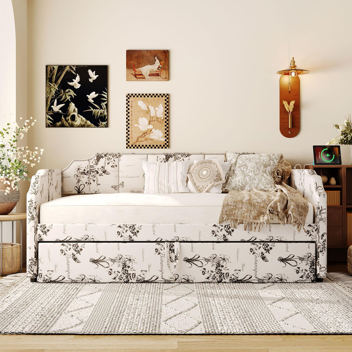 White Linen Upholstered Twin Size Daybed with Pop-Up Trundle T55561