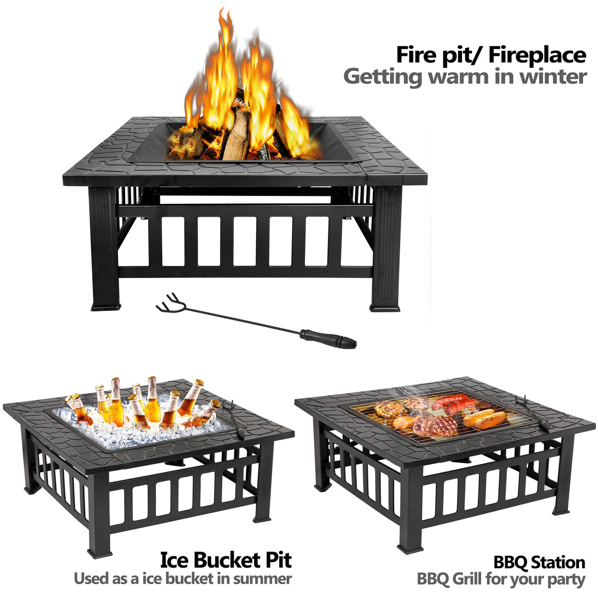 32 Inch Square Metal Outdoor Fire Pit with Spark Screen Lid and Waterproof Cover Y9768