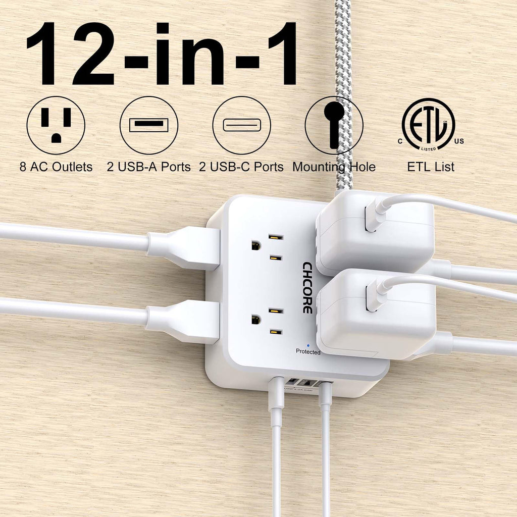 5Ft Braided Extension Cord Power Strip with 8 Outlets and 4 USB Ports, White L349241