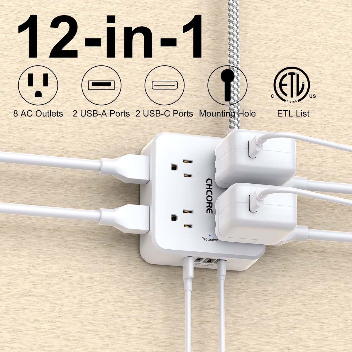 5Ft Braided Extension Cord Power Strip with 8 Outlets and 4 USB Ports, White L349241