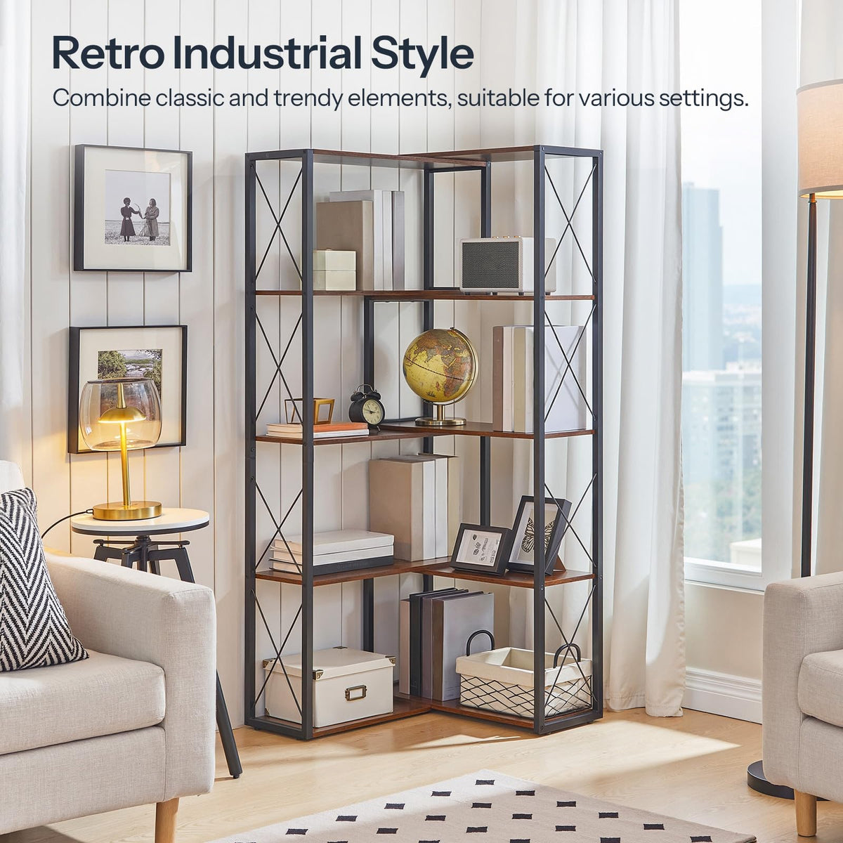 5-Tier Rustic Brown and Black Corner Bookshelf D190604