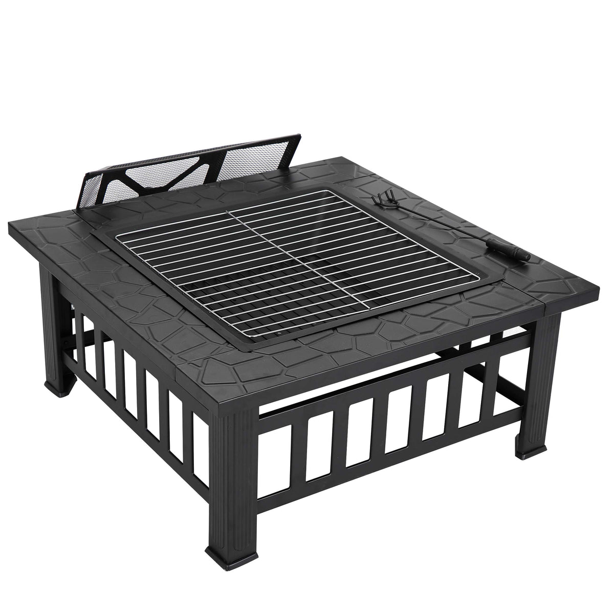 32 Inch Square Metal Outdoor Fire Pit with Spark Screen Lid and Waterproof Cover Y9768