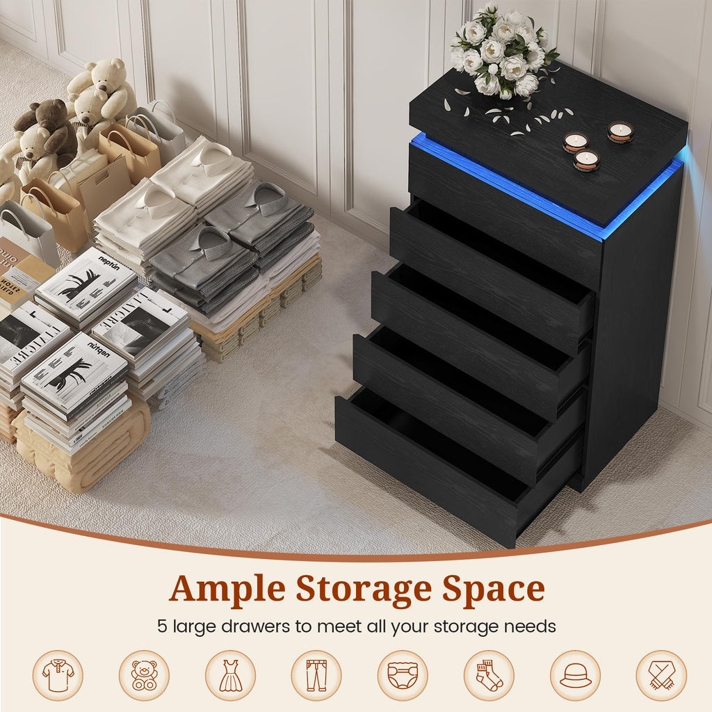 Black 6 Drawer Wood Dresser with LED Light and Power Outlet Z18009