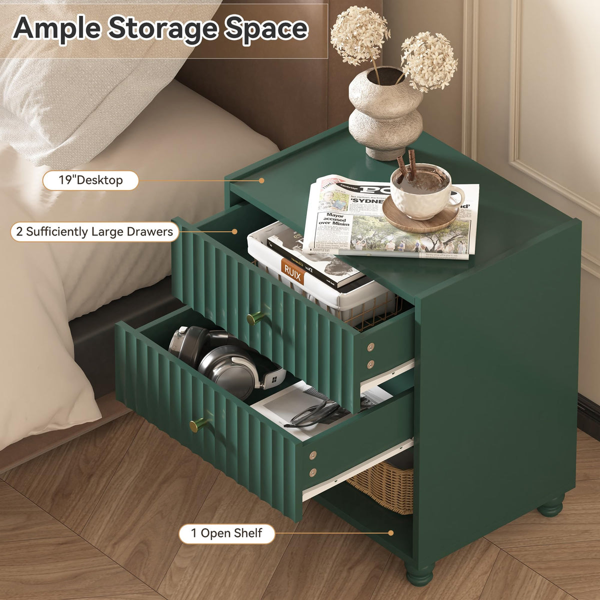 Green 2 Drawer Nightstand with Open Shelf G61151