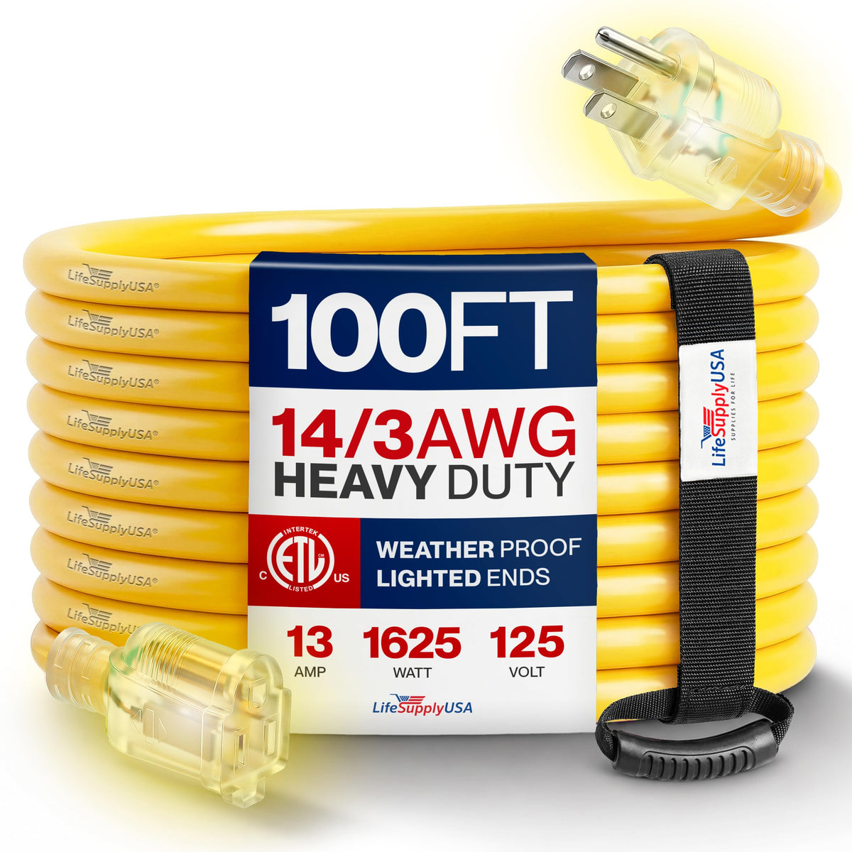 100ft Outdoor/Indoor Extension Cord 14/3 Gauge Heavy Duty 3 Prong SJTW Yellow B13903