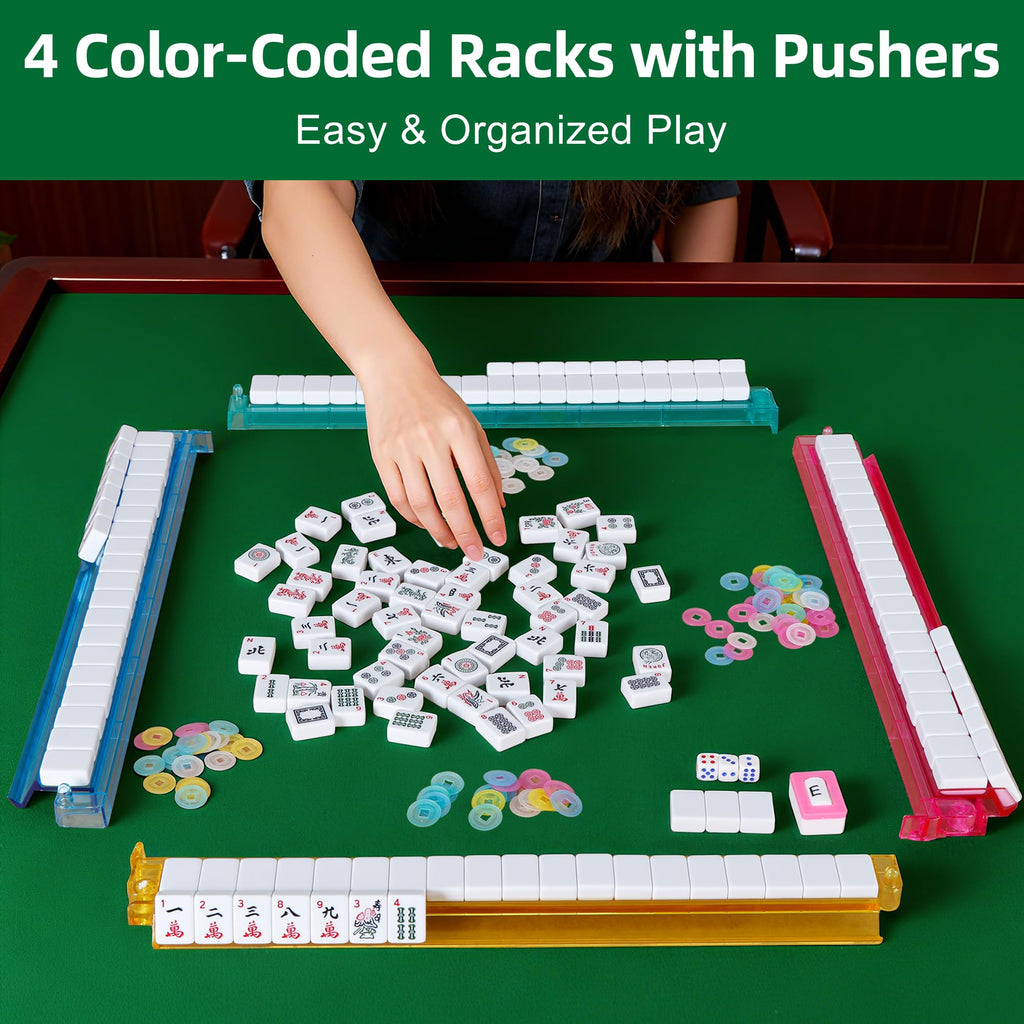 166 Tiles 4 Colors Mahjong Set with Rack Pushers Soft Bag F49872