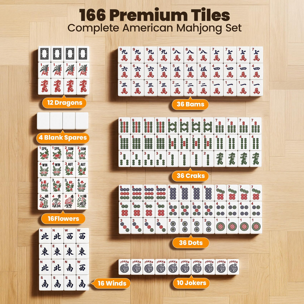 166 Tiles Mahjong Set with 4 Racks R99310