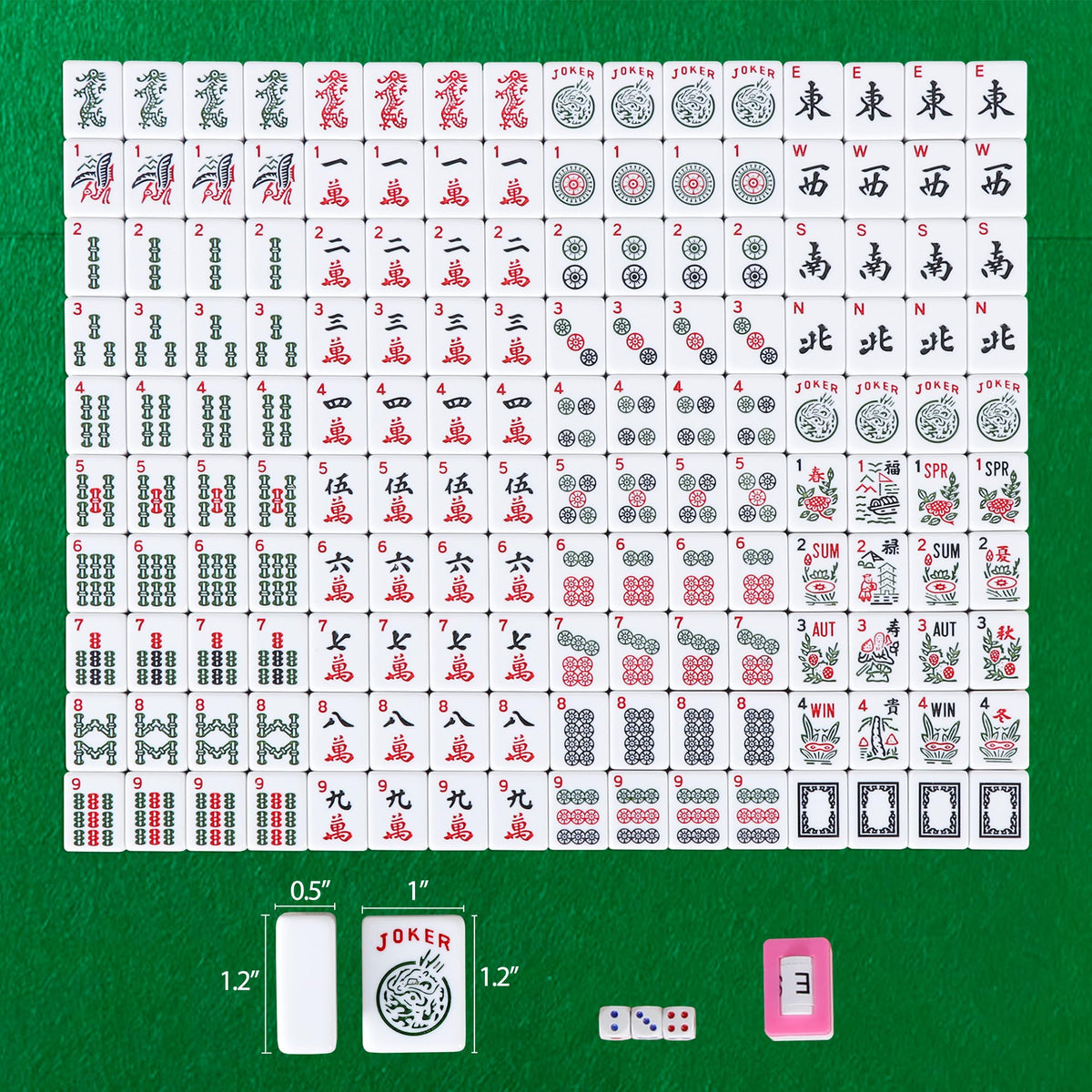 166 Tiles 4 Colors Mahjong Set with Rack Pushers Soft Bag F49872
