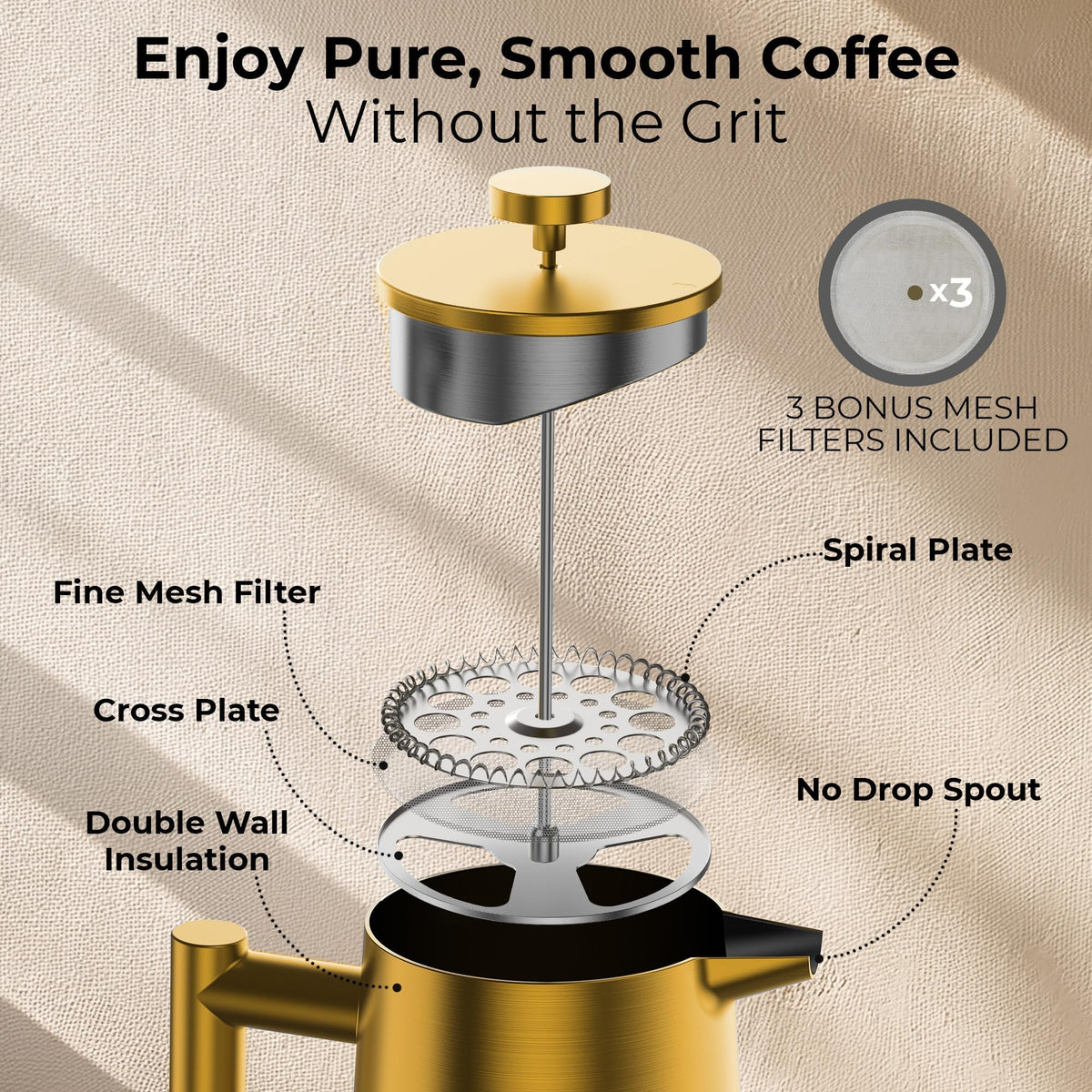 Stainless Steel Double Wall Insulated French Press 34 Oz U593