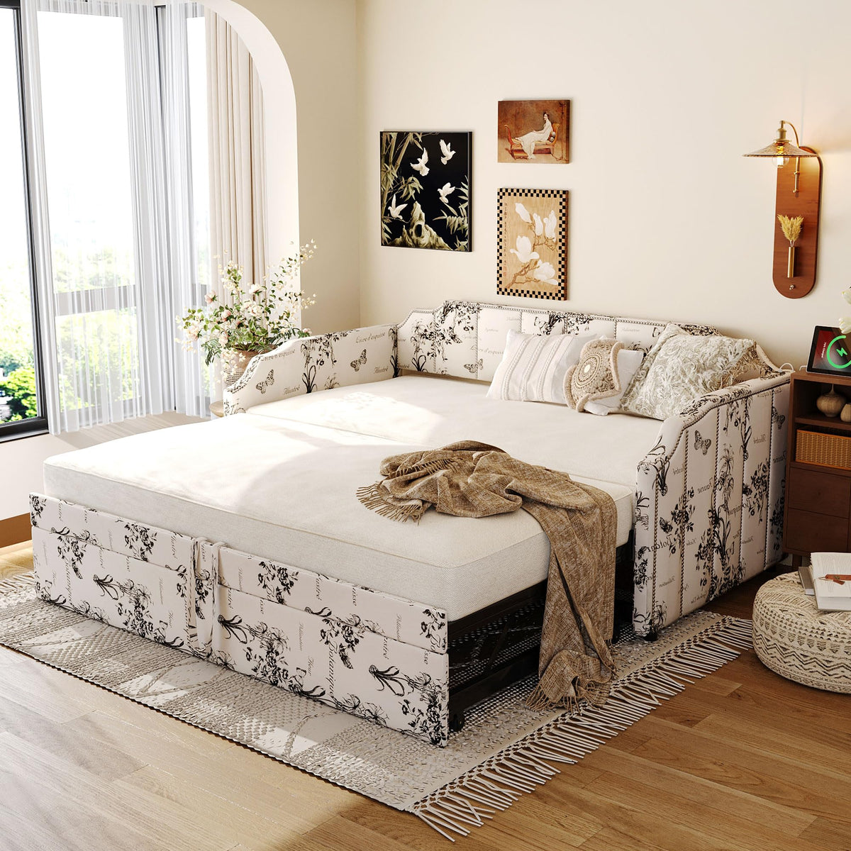 White Linen Upholstered Twin Size Daybed with Pop-Up Trundle T55561