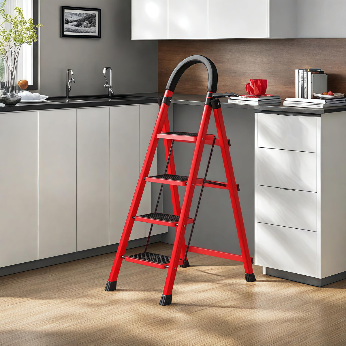 4 Step Folding Ladder with Handrails, Heavy Duty 800 lbs Step Stool T18768