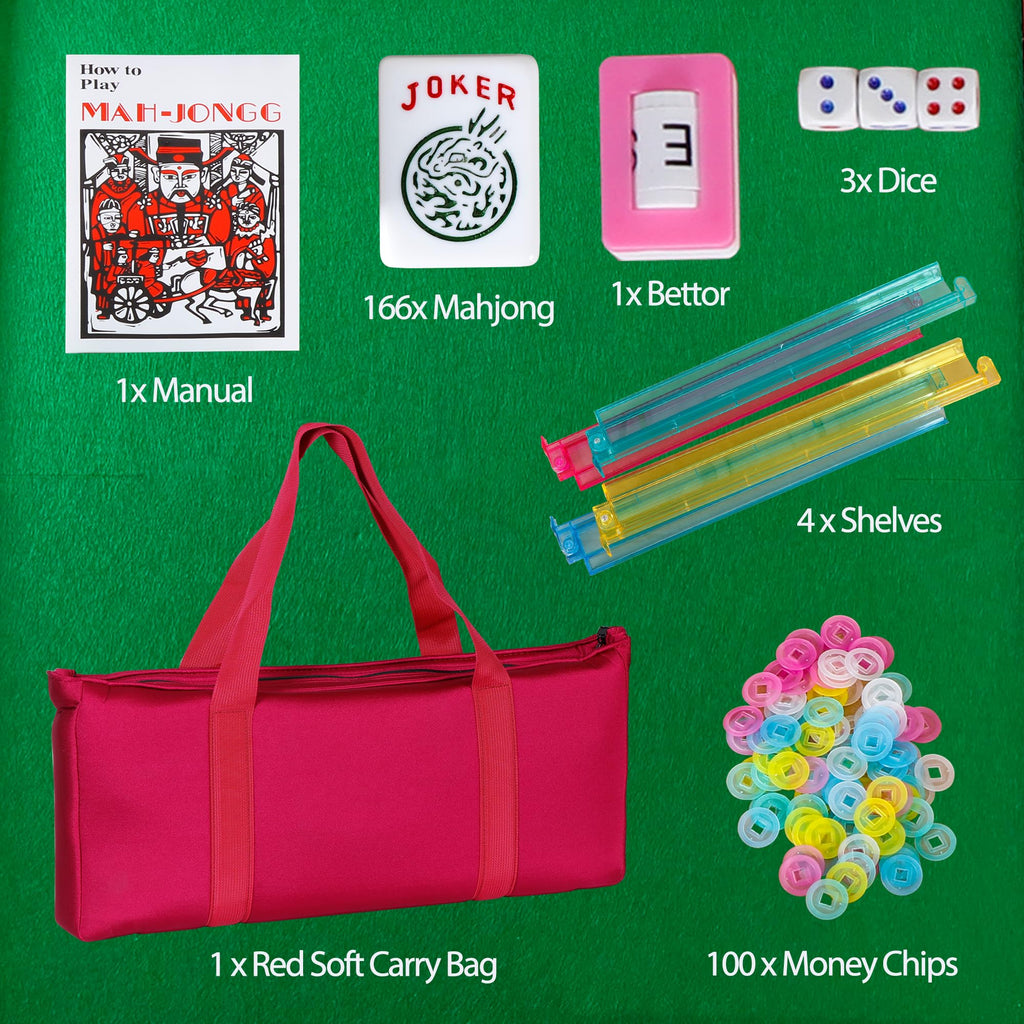 166 Tiles 4 Colors Mahjong Set with Rack Pushers Soft Bag F49872