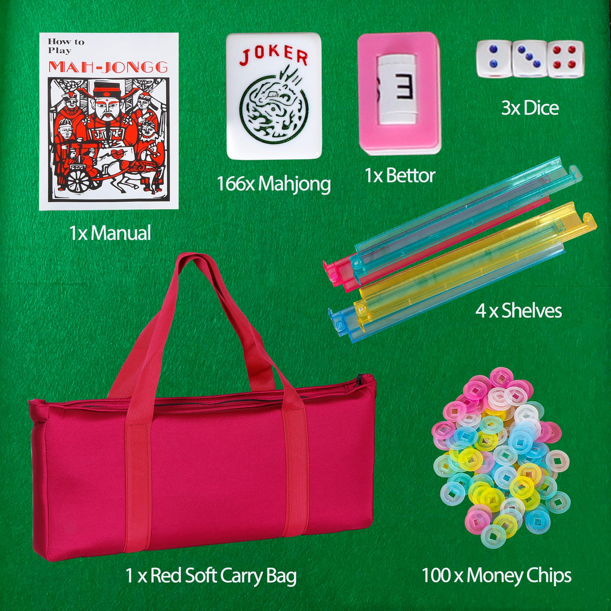 166 Tiles 4 Colors Mahjong Set with Rack Pushers Soft Bag F49872