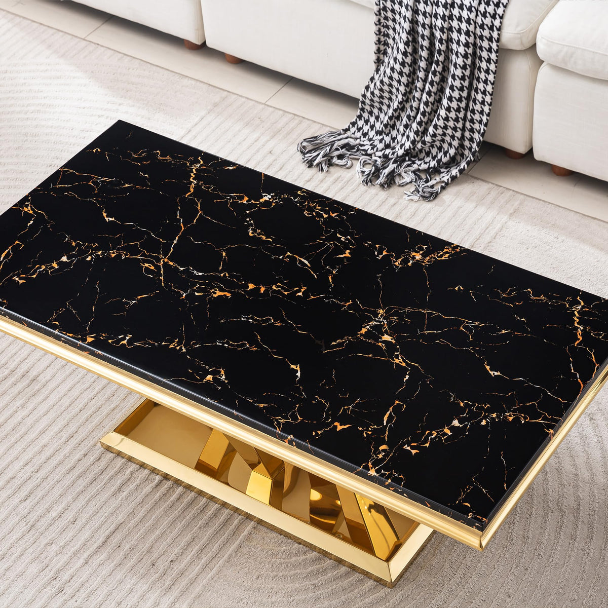 47" Faux Marble Rectangular Coffee Table with Mirrored Finish Stainless Steel Base J2977