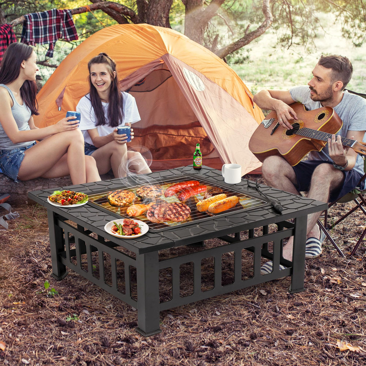 32 Inch Square Metal Outdoor Fire Pit with Spark Screen Lid and Waterproof Cover Y9768