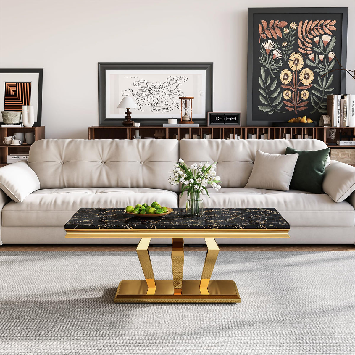 47" Faux Marble Rectangular Coffee Table with Mirrored Finish Stainless Steel Base J2977